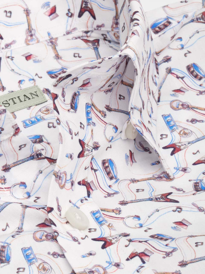 Mens Musical Print 100% Cotton Shirt Hidden Button Down Collar