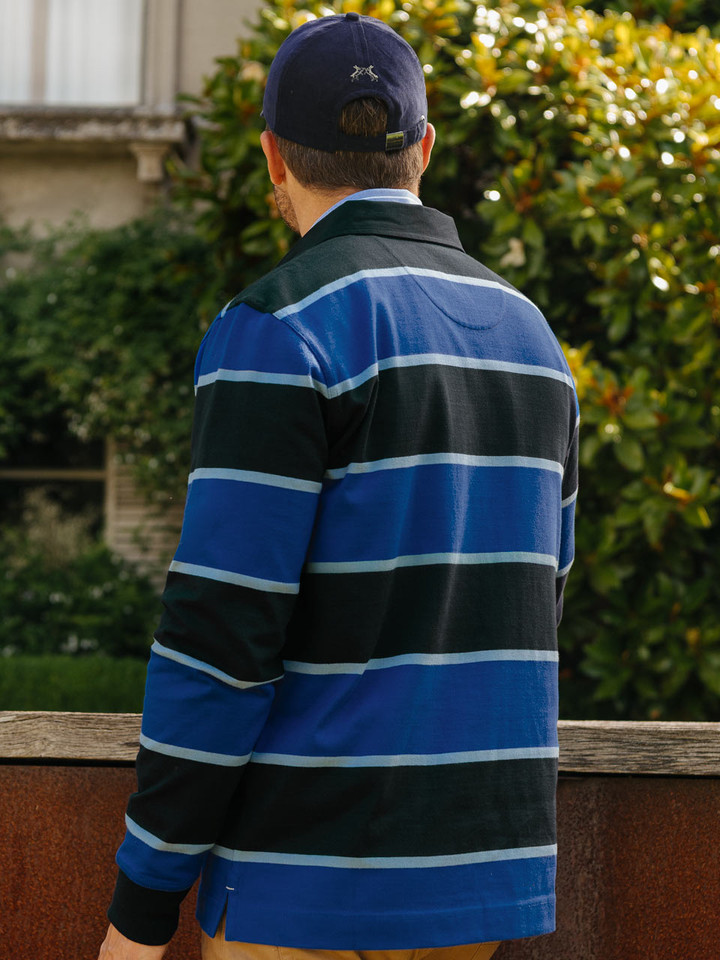 Mens Navy and Blue Striped Rugby Top on Model Back