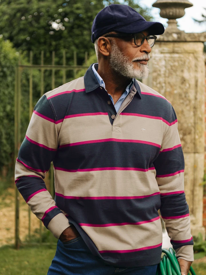 Mens Navy and Stone Striped Rugby Top on Model