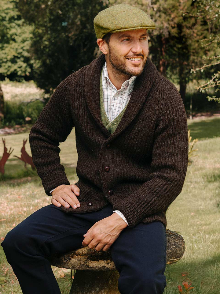 Mens Espresso Shawl Neck Cardigan on Model