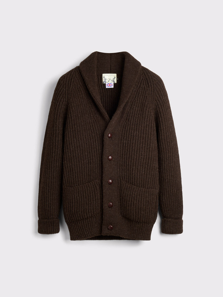 Mens Espresso Shawl Neck Cardigan Hanging Front