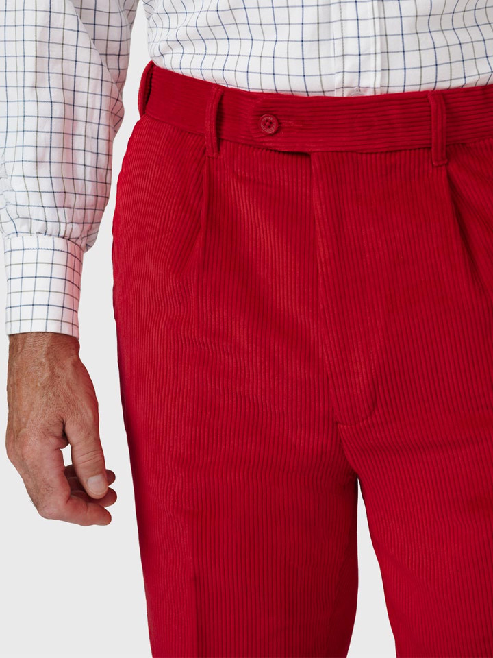Mens Poppy Red County Corduroy Trousers on Model