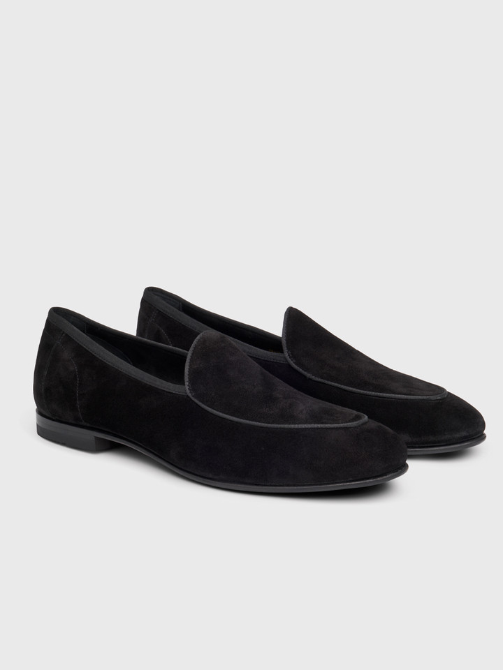 Mens Black Loake Belgrave Suede Loafer Side Both