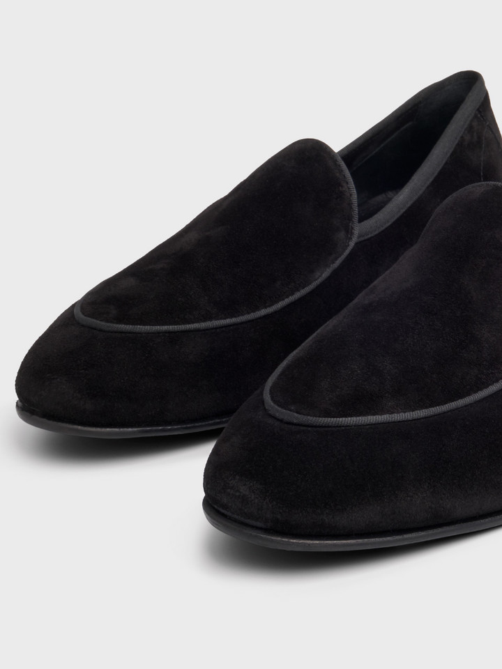 Mens Black Loake Belgrave Suede Loafer Angled Both