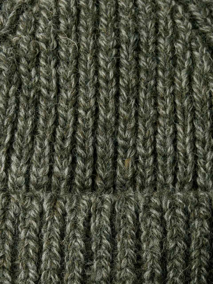 Mens Lichen Green British Wool Beanie Hat Fabric Closeup