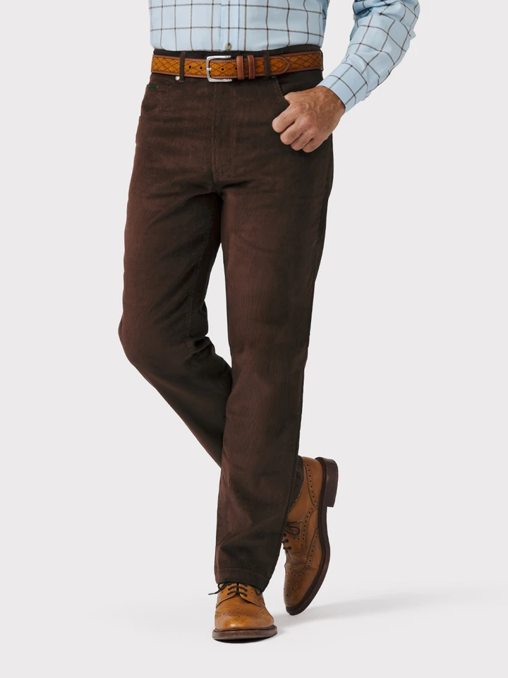 Model wears Mens Cocoa Needle Cord Jeans on Model