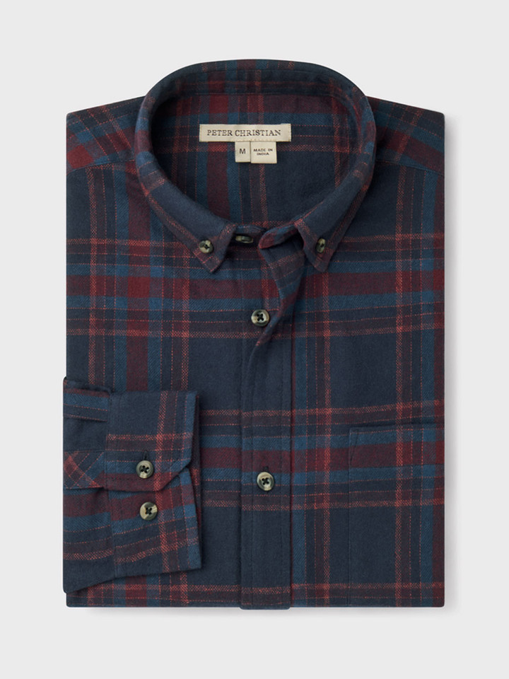 Mens Navy & Burgundy Brushed Check Shirt Folded