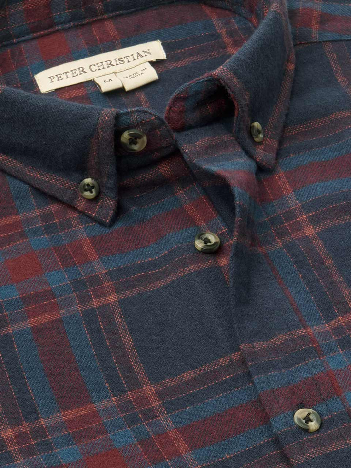 Mens Navy & Burgundy Brushed Check Shirt Collar
