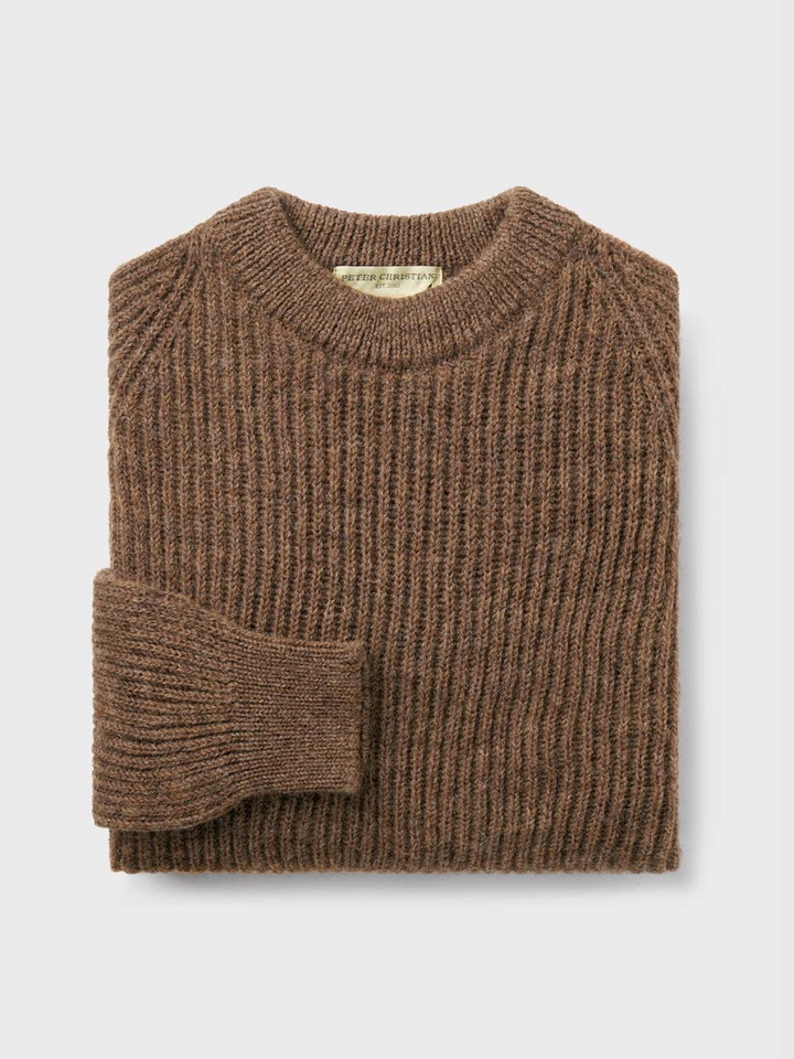 Mens Walnut Pure Wool Ribbed Fisherman Jumper Folded