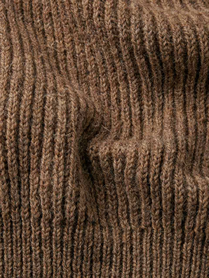 Mens Walnut Pure Wool Ribbed Fisherman Jumper Fabric Closeup