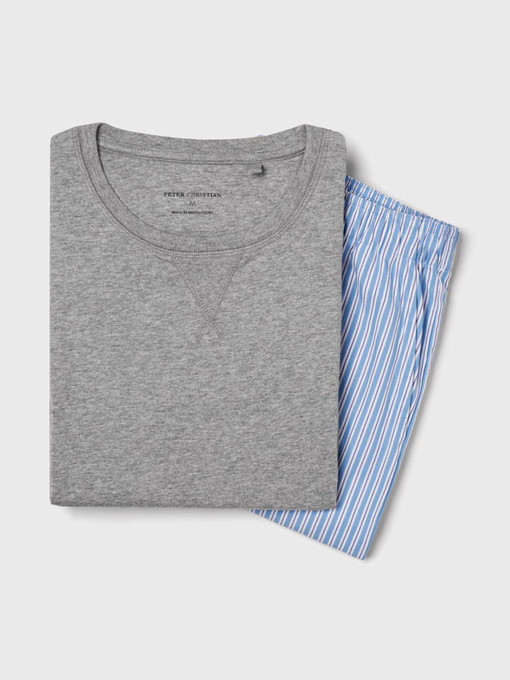 Mens Grey & Blue Short Sleeve T-Shirt & Long Pyjama Set Folded