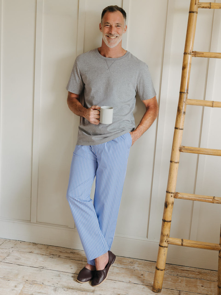 Mens Grey & Blue Short Sleeve T-Shirt & Long Pyjama Set on Model
