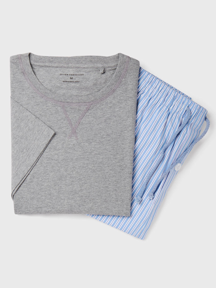 Mens Grey & Blue Short Sleeve T-Shirt & Pyjama Shorts Set