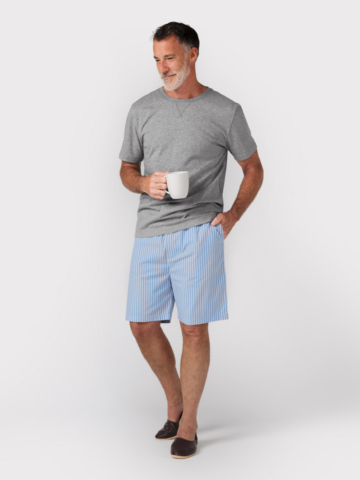 Mens Grey & Blue Short Sleeve T-Shirt & Pyjama Shorts Set on Model