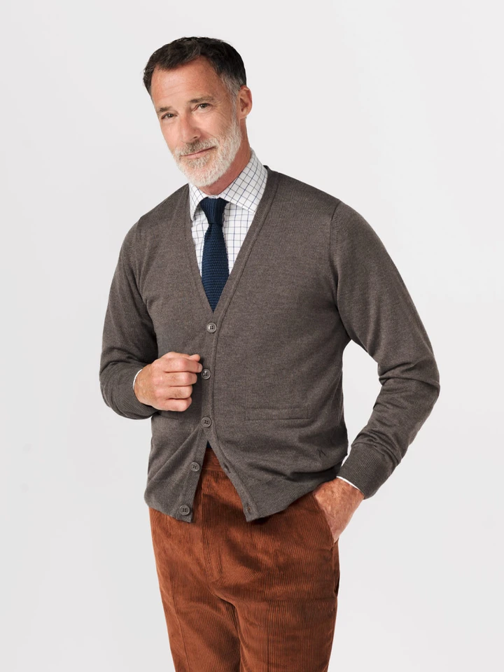 Mens Truffle Merino Cardigan on Model