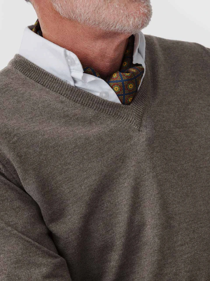 Mens Truffle Merino V-Neck Jumper on Model