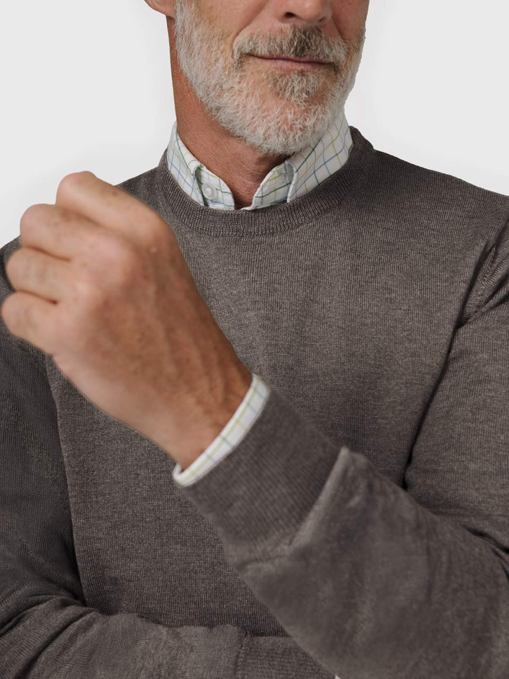 Mens Truffle Merino Crew Neck Jumper on Model Closeup