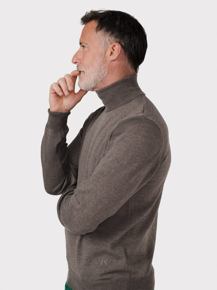 Mens Truffle Merino Polo Neck Jumper on Model