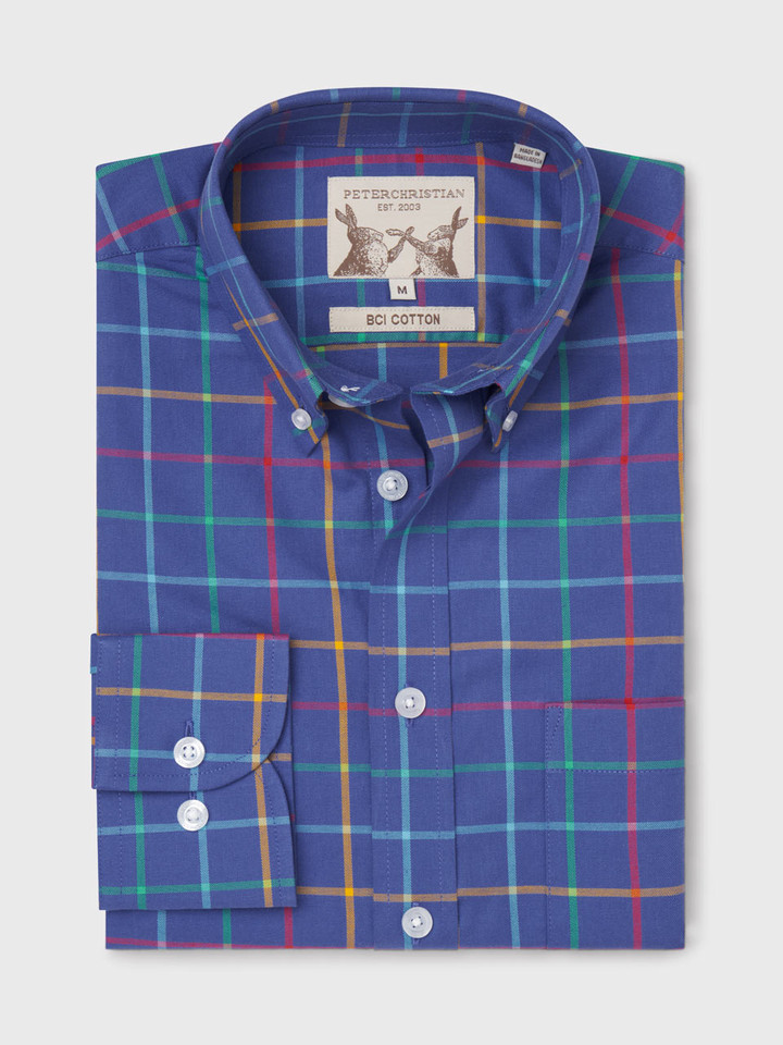 Mens Blue Button Down Check Colourful Tattersall Cotton Shirt Folded