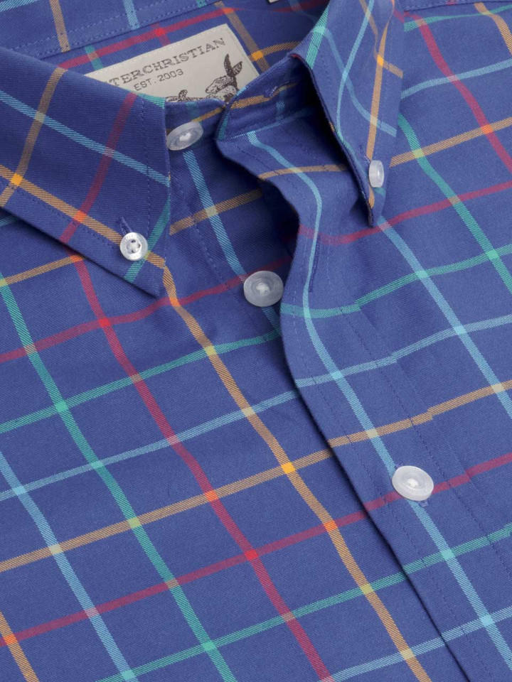 Mens Blue Button Down Check Colourful Tattersall Cotton Shirt Collar