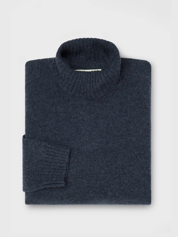 Mens Navy Blue Lambswool Roll Neck Jumper Folded