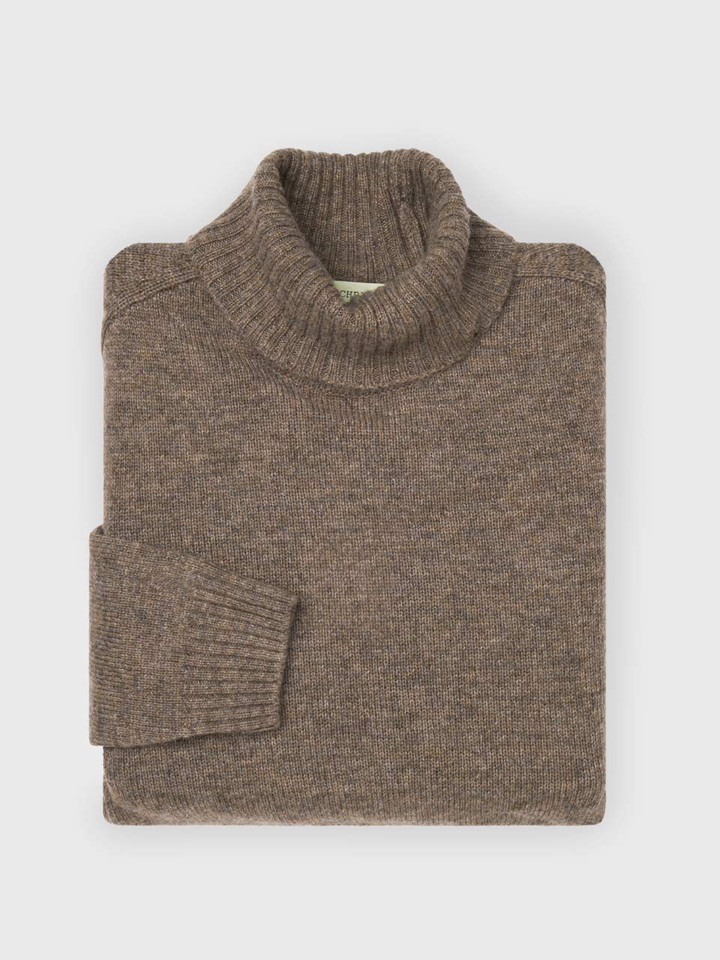 Mens Mushroom Brown Lambswool Roll Neck Jumper Folded