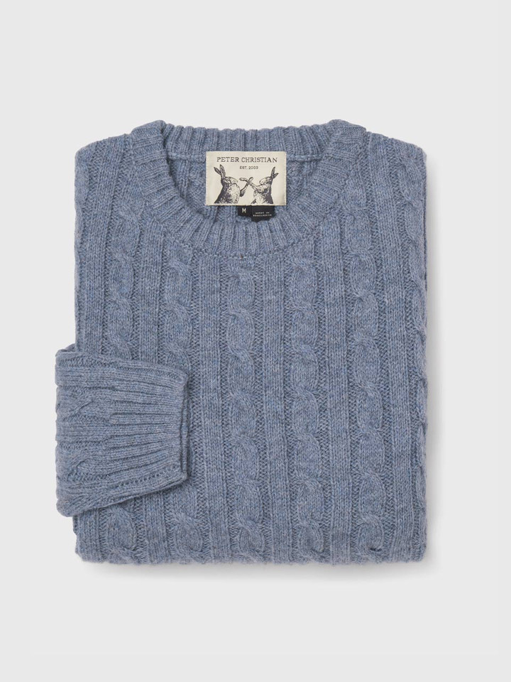 Mens Mist Blue Cable Crew Neck Jumper Folded