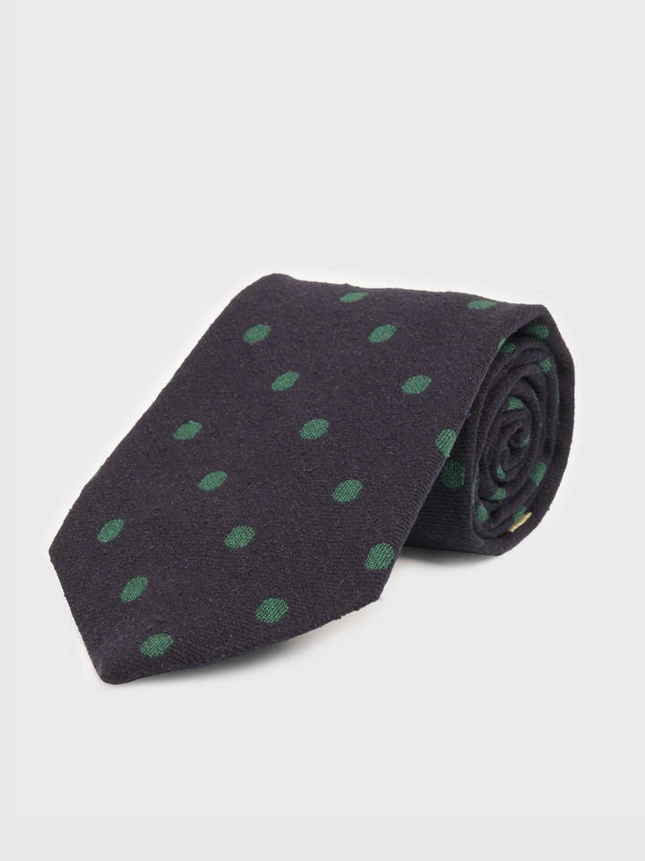 Mens Navy Textured Silk Spotted Tie Rolled