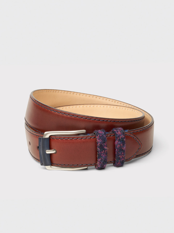 Mens Midnight Harris Tweed® Brown Leather Belt Rolled