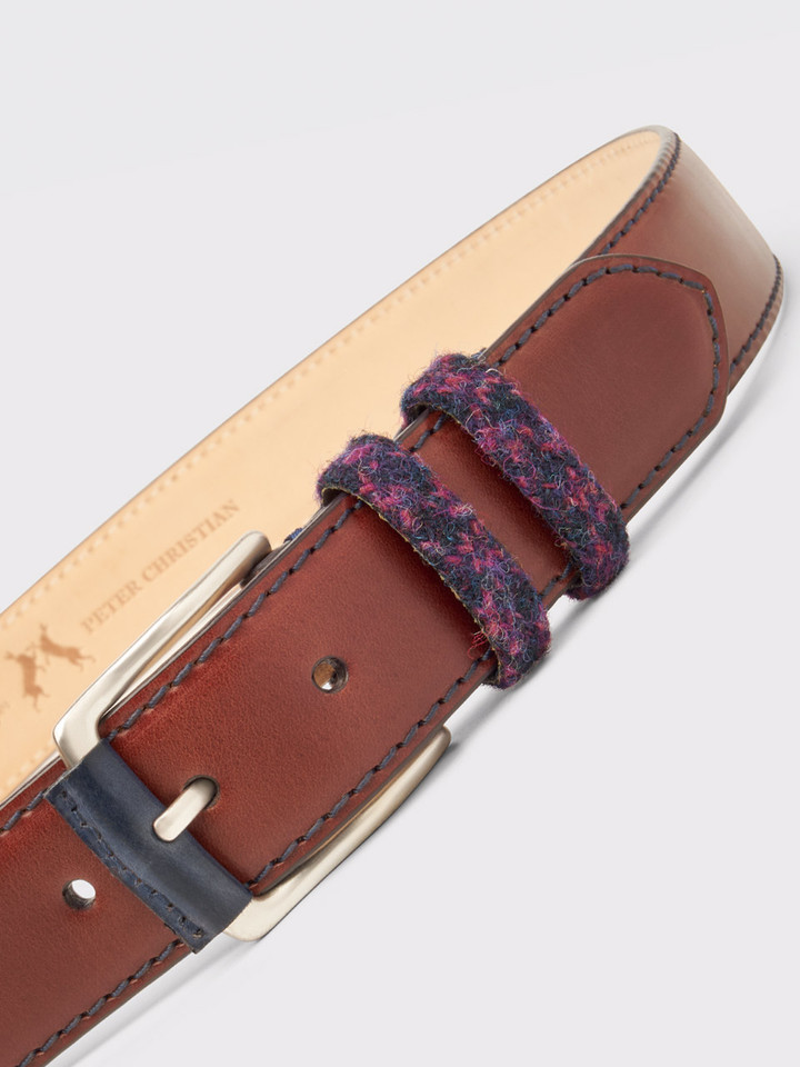 Mens Midnight Harris Tweed® Brown Leather Belt Closeup