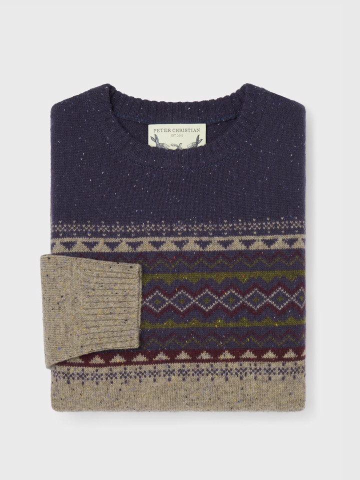 Mens Navy & Stone Fairisle Flecked Crew Neck Jumper Folded