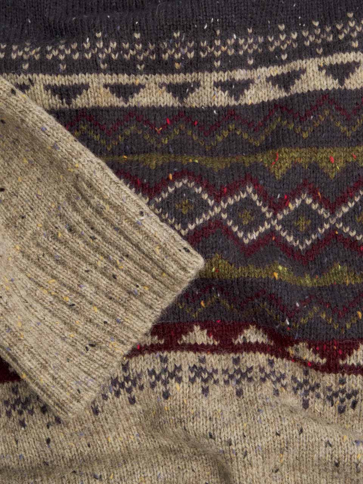 Mens Navy & Stone Fairisle Flecked Crew Neck Jumper Fabric Closeup
