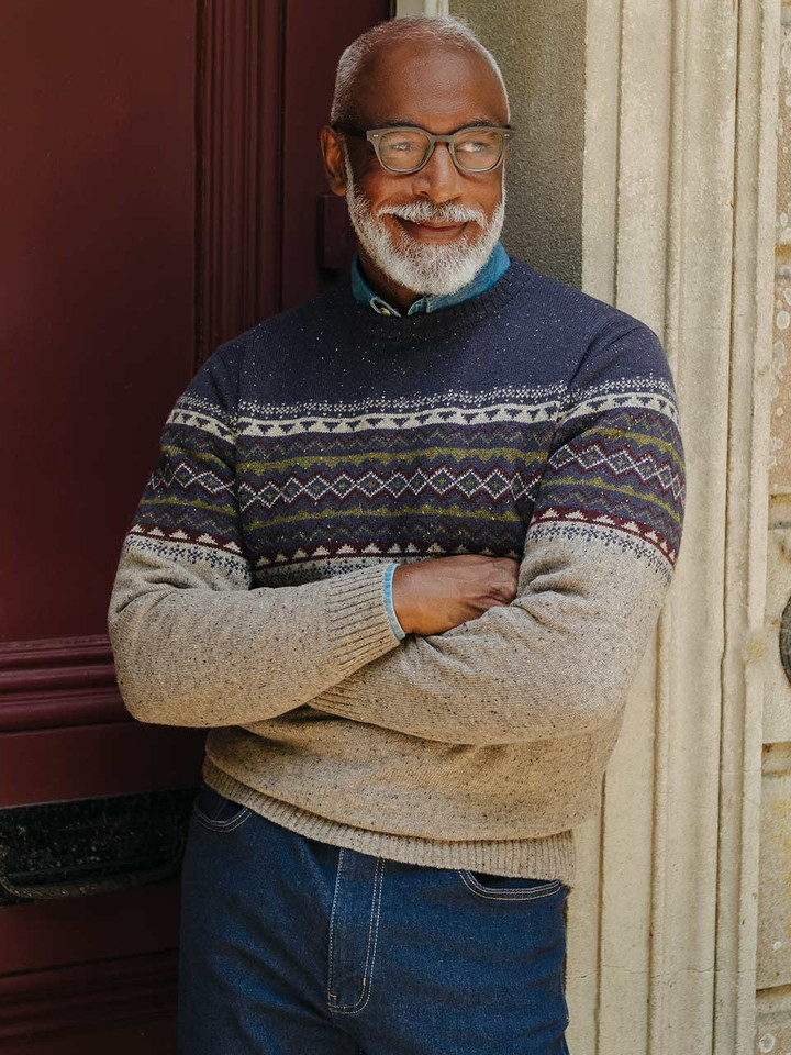 Mens Navy & Stone Fairisle Flecked Crew Neck Jumper on Model