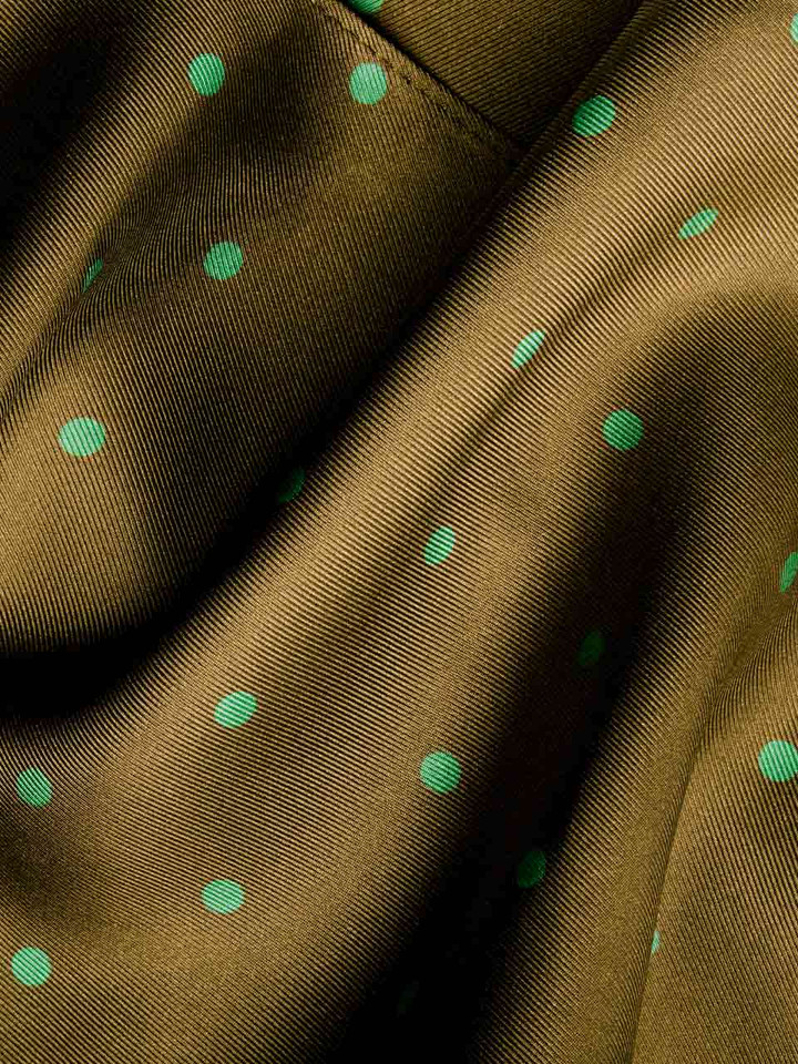 Mens Brown & Green Polka Dot Silk Scarf Fabric Closeup