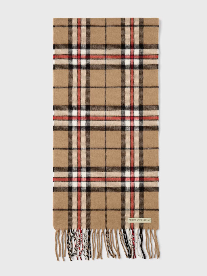 Mens Camel Checked 100% Lambswool Scarf