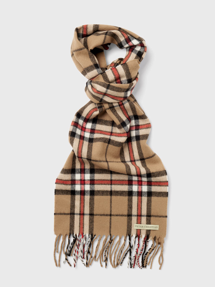 Camel Checked 100% Lambswool Scarf Knotted