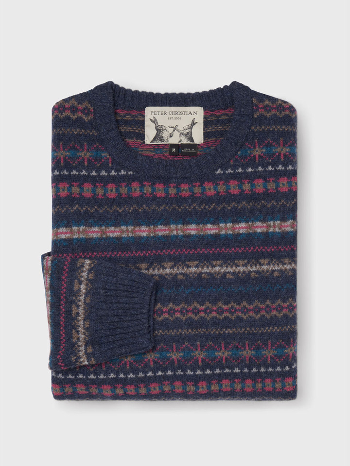 Mens Navy Fairisle Crew Neck Sweater Folded