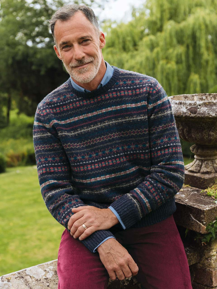 Mens Navy Fairisle Crew Neck Sweater on Model