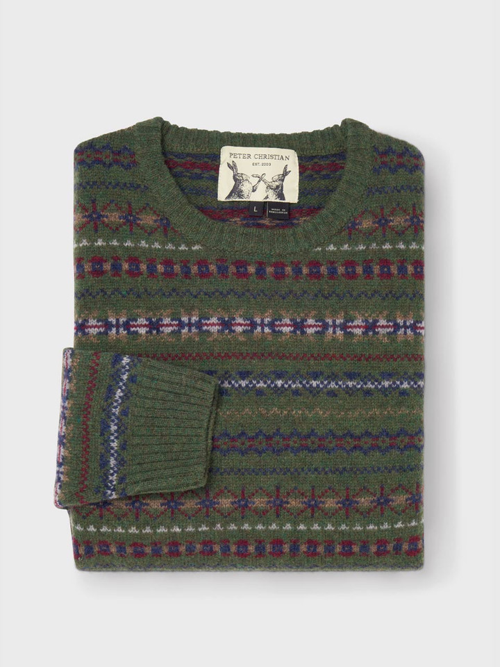 Mens Dark Green Fairisle Crew Neck Sweater Folded