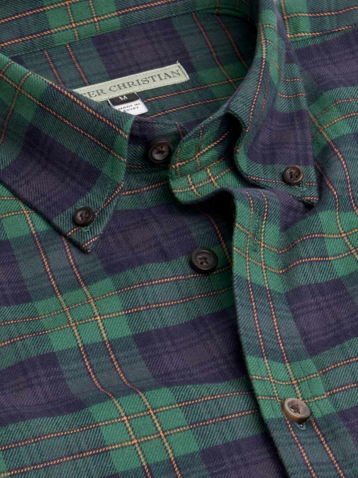 Men's Navy & Green Brushed Cotton Tartan Shirt Collar