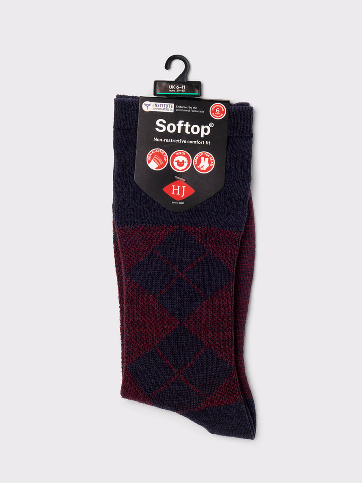 Men's Navy & Burgundy Soft Top Argyle Wool Rich Socks