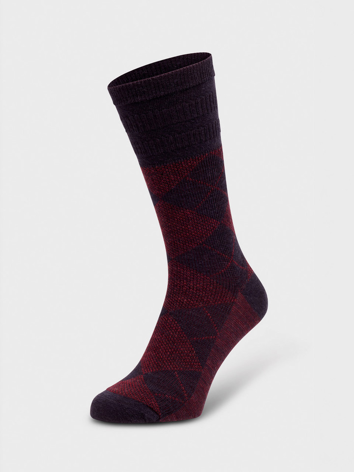 Mens Navy & Burgundy Soft Top Argyle Wool Rich Socks on Foot