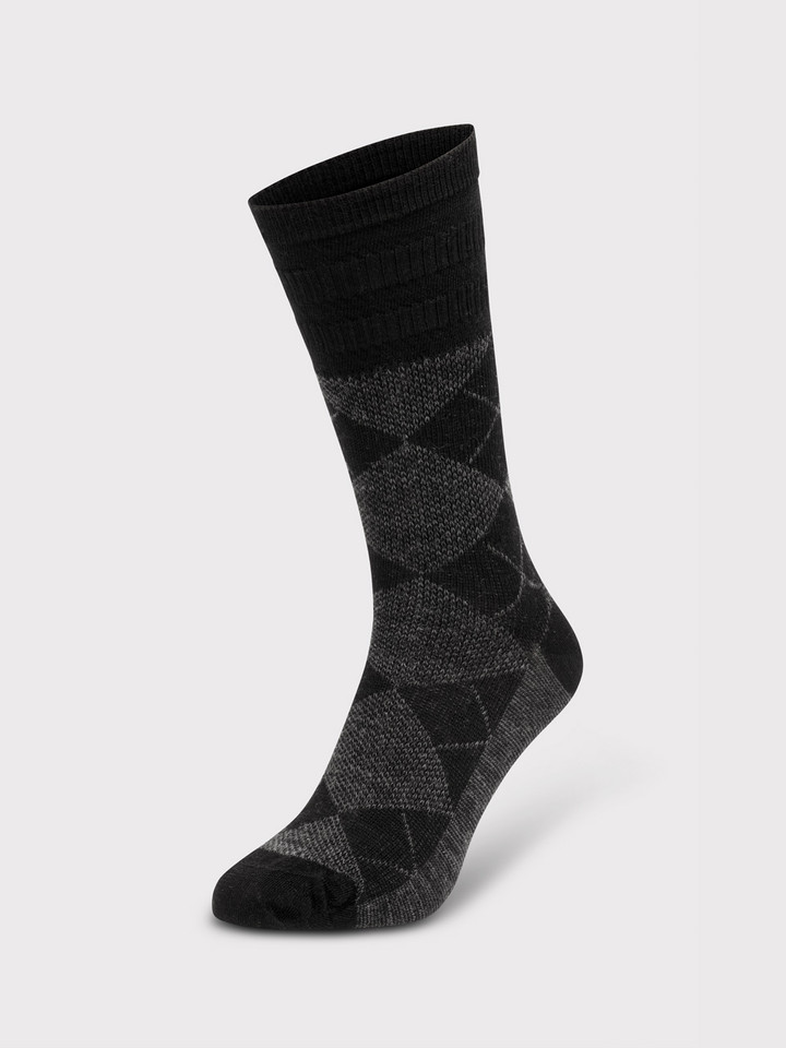 Mens Black & Grey Soft Top Argyle Wool Rich Socks on Foot