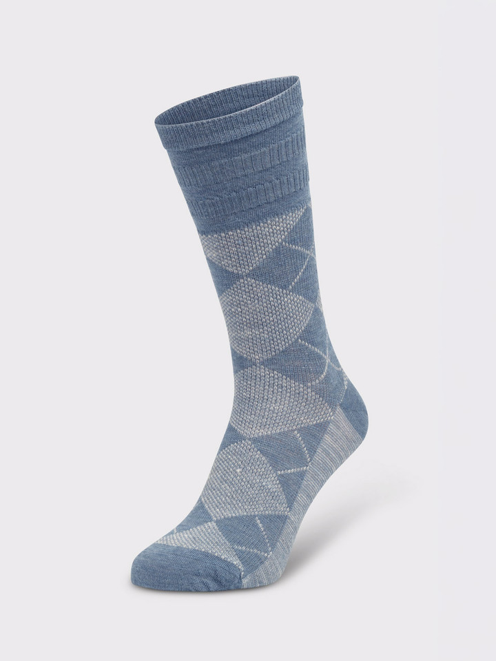 Mens Blue & Grey Soft Top Argyle Wool Rich Socks on Foot