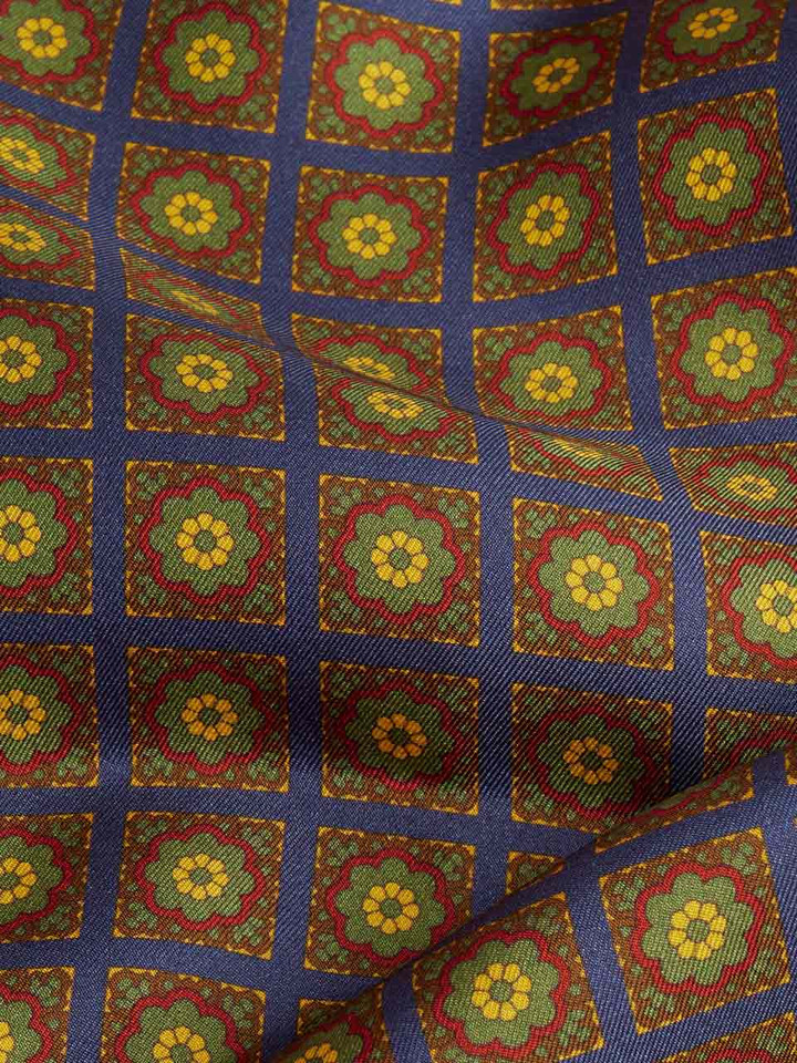 Navy & Green Medallion Silk Scarf Close Up