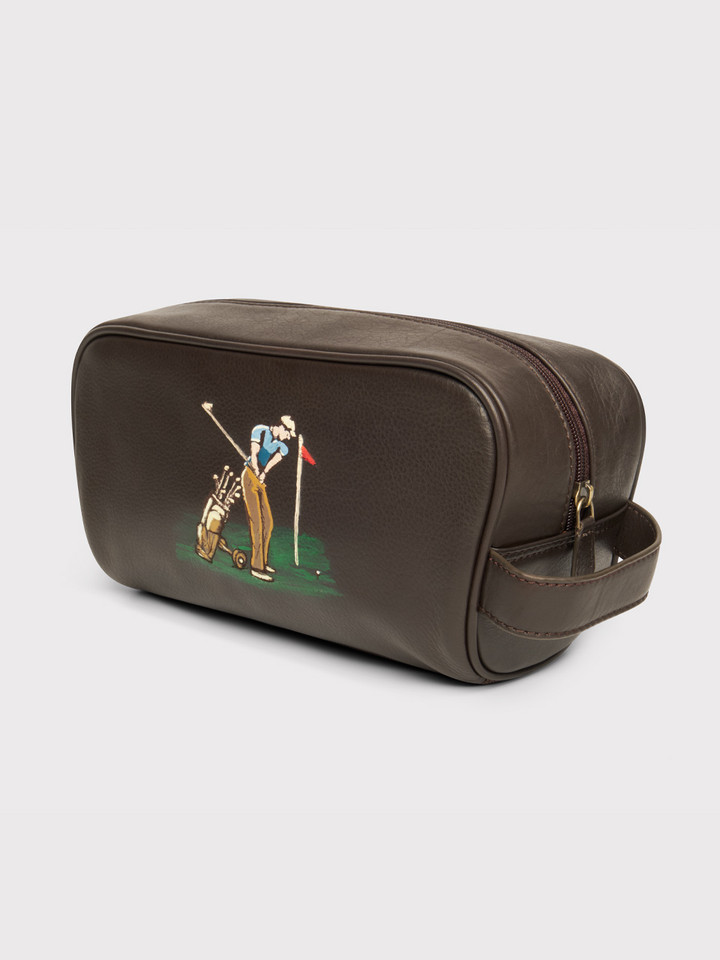 Mens Golf Design Hand Painted Leather Toiletry Bag