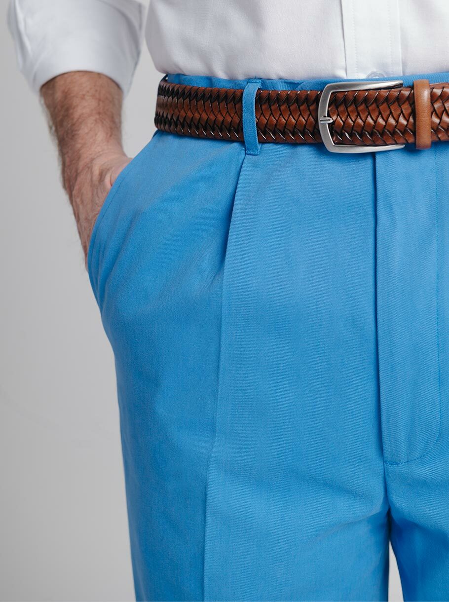 Men's Blue Pleated Chinos - Pocket Detail