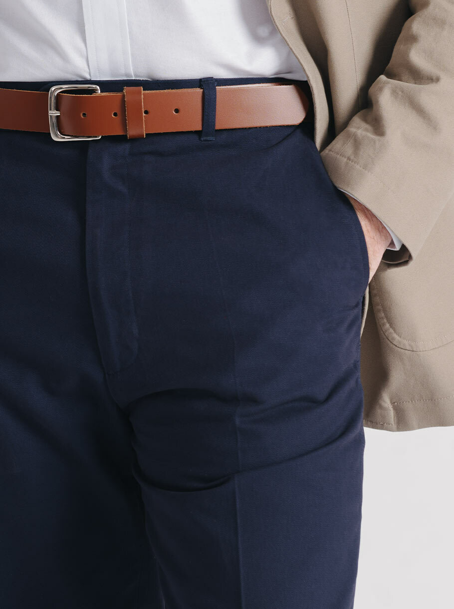 Men's Navy Blue Flat Front Chinos - Pocket Detail