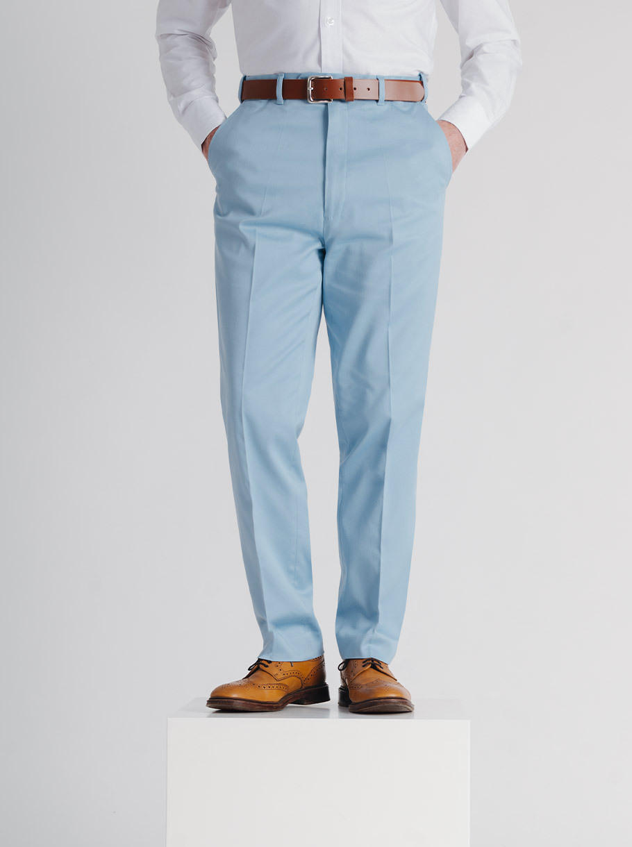 Men's Sky Blue Luxury Cotton & Silk Chino Trousers - Pocket Detail