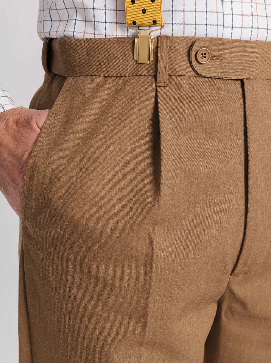 Men's Tan Brown Wool & Silk Trousers - Pocket Detail